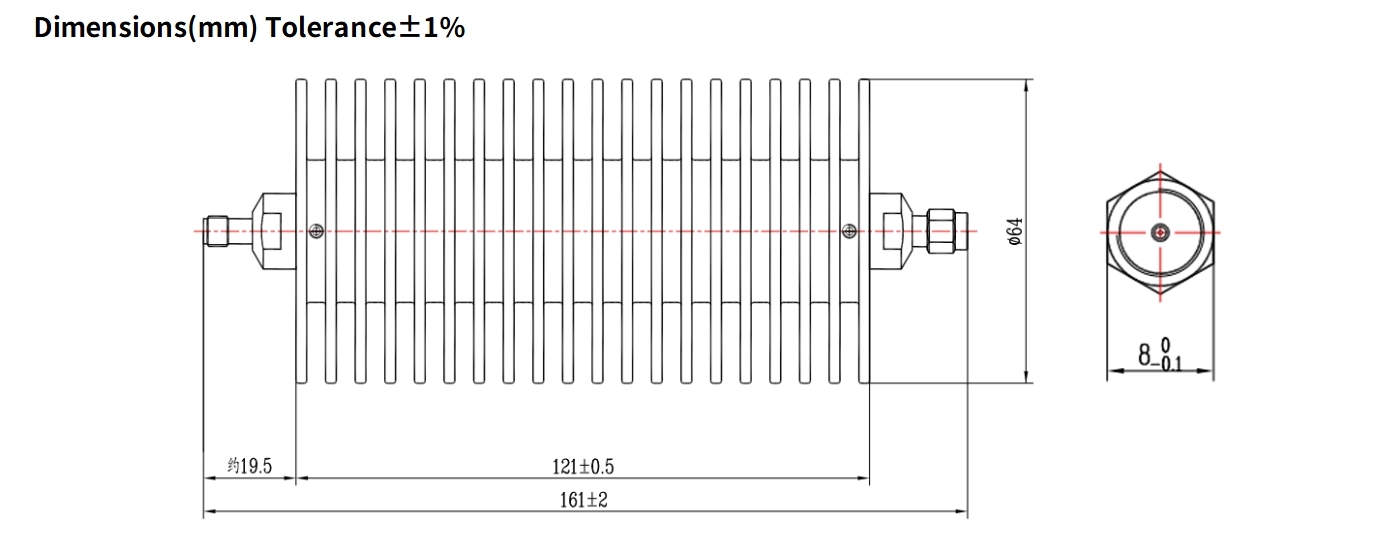 60dB Fixed Attenuator, SMA Male to SMA Female, 100Watts, DC-6GHz, Round, VSWR1.25