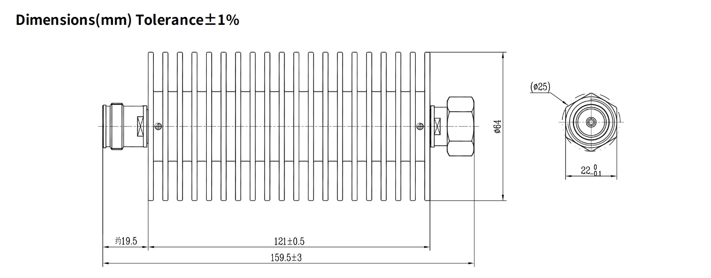 60dB Fixed Attenuator, 4.3-10 Male to 4.3-10 Female, 100Watts, DC-8.5GHz, Round, VSWR1.3