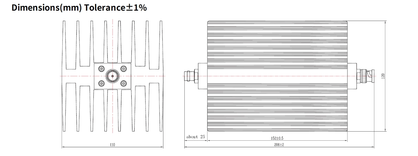 60dB Fixed Attenuator, BNC Male to BNC Female, 100Watts, DC-4GHz, Rectangular, VSWR1.2