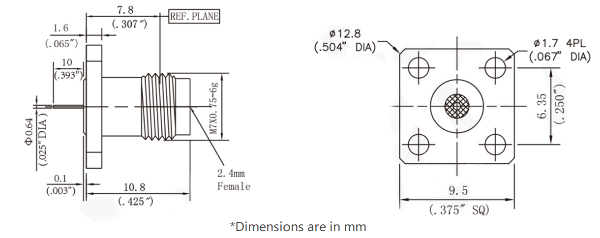 2.4mm Female Terminal, 4 hole Flange with .250 inch Hole Sapcing, 10mm Pin, 50G