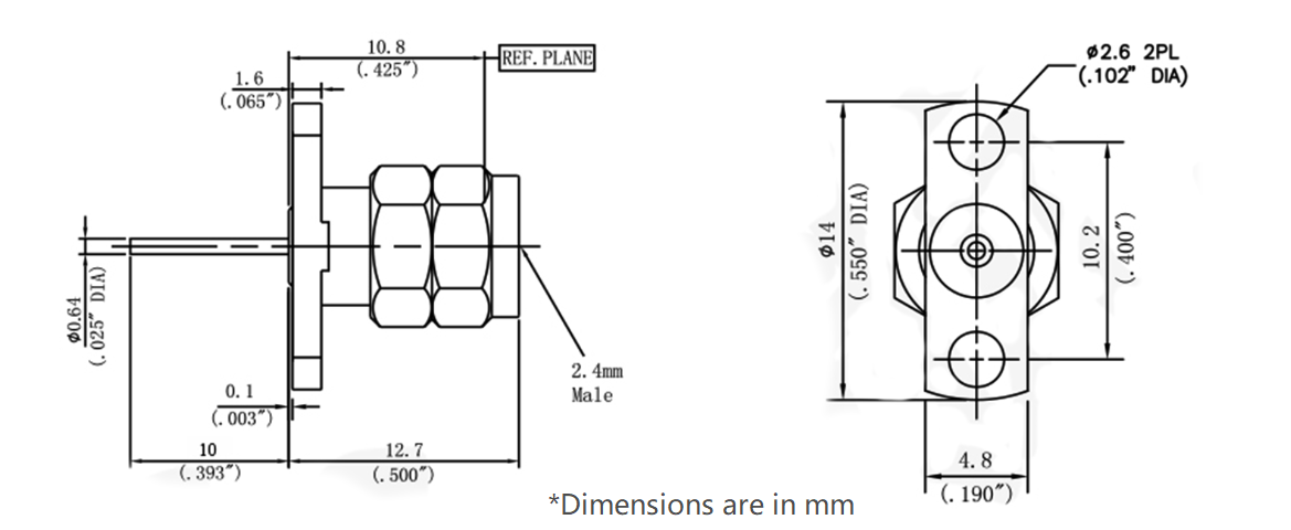 2.4mm Male Terminal, 2 hole Flange with .402 inch Hole Sapcing, 10mm Pin, 50G