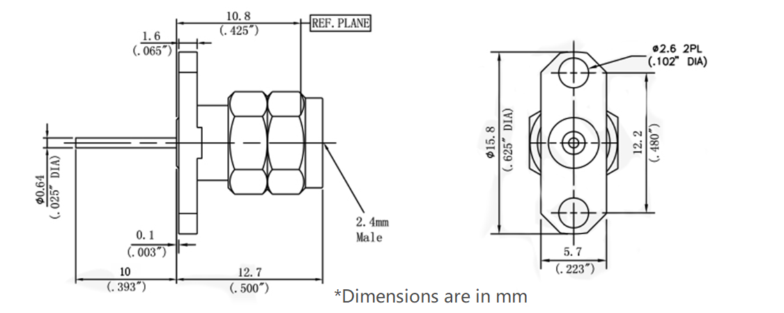 2.4mm Male Terminal Connector, 2 hole Flange with .480 inch Hole Sapcing, 50GHZ