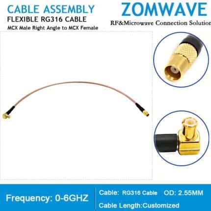 MCX Male Right Angle to MCX Female, RG316 Cable, 6GHz
