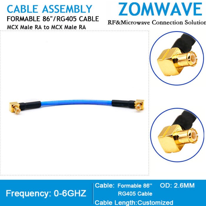 MCX Male Right Angle to MCX Male Right Angle, Formable .86''_RG405 Cable, 6GHz