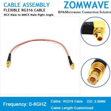 MCX Male to MMCX Male Right Angle, RG316 Cable, 6GHz