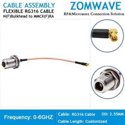 N Type Female Bulkhead Waterproof to MMCX Female Right Angle, RG316 Cable, 6GHZ