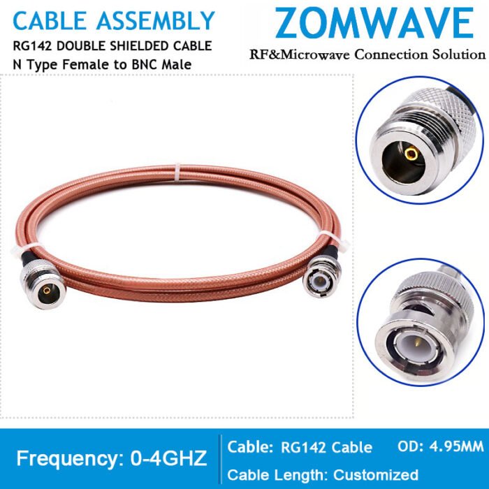 N Type Female to BNC Male, RG142 Cable, 4GHz