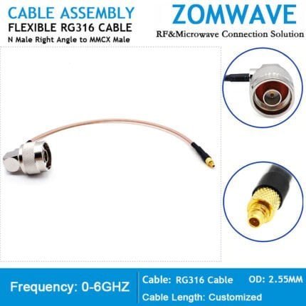 N Type Male Right Angle to MMCX Male, RG316 Cable, 6GHz