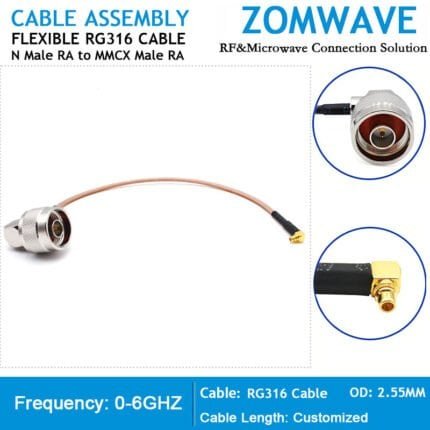 N Type Male Right Angle to MMCX Male Right Angle, RG316 Cable, 6GHz