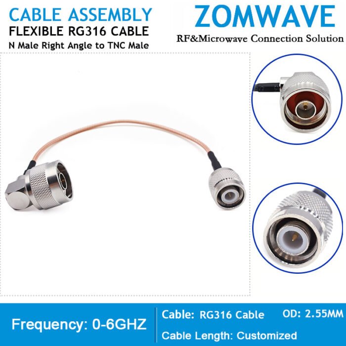 N Type Male to TNC Male Right Angle, RG316 Cable, 6GHz