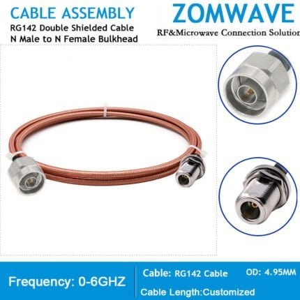 N Type Male to N Type Female Bulkhead, RG142 Double Shielded Cable, 6GHz