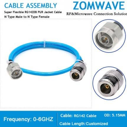 N Type Male to N Type Female, Super Flexible RG142DB PUR Jacket Cable, 6GHz
