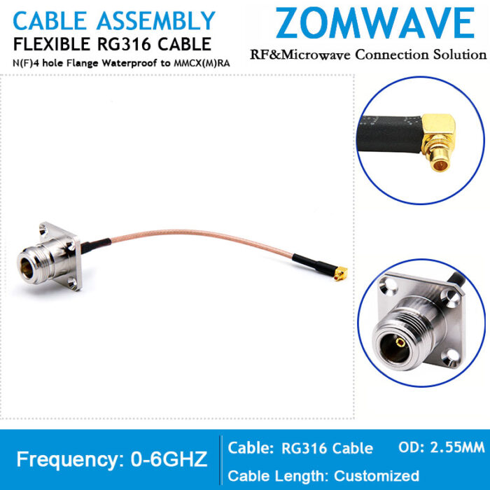 N Type Female 4 hole Flange Waterproof to MMCX Male Right Angle, RG316 Cable, 6G