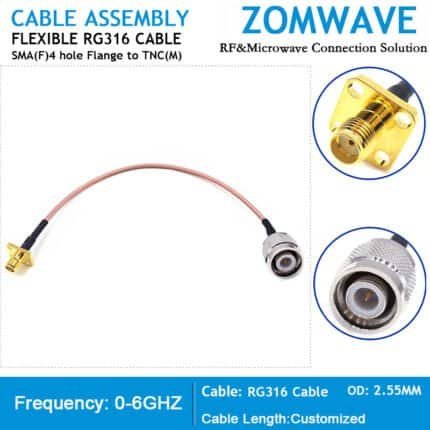 SMA Female 4 hole Flange to TNC Male, RG316 Cable, 6GHz