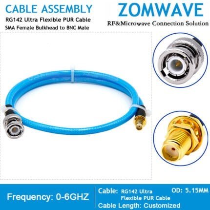 SMA Female Bulkhead to BNC Male, RG142 Ultra Flexible PUR Cable, 6GHz
