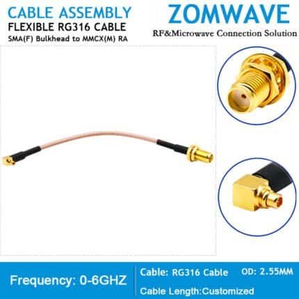 SMA Female Bulkhead to MMCX Male Right Angle, RG316 Cable, 6GHz