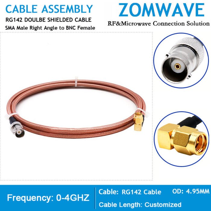 SMA Male Right Angle to BNC Female,RG142 Cable, 4GHz