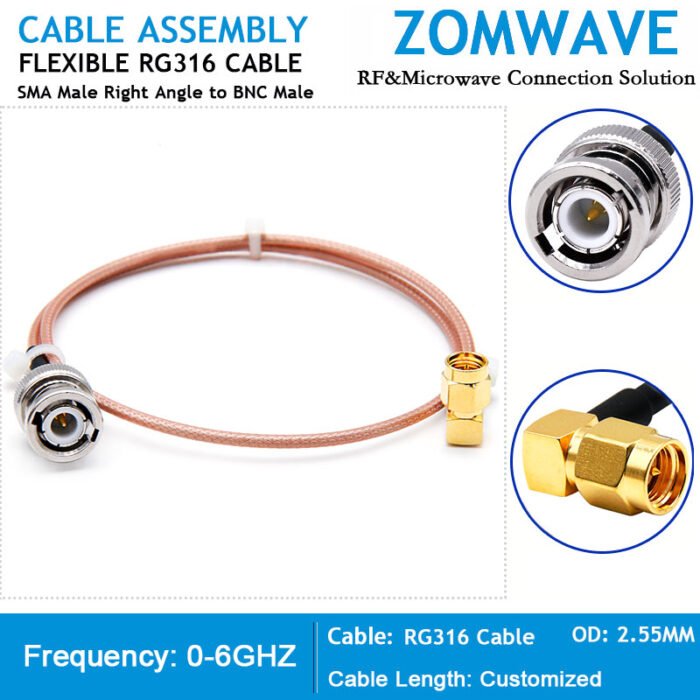 SMA Male to BNC Male Right Angle, RG316 Cable, 4GHz