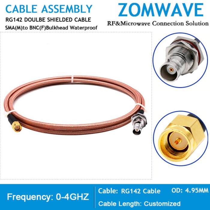 SMA Male to BNC Female Bulkhead Waterproof, RG142 Cable, 4GHz