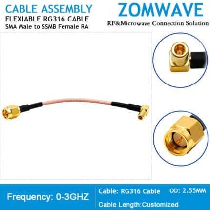 SMA Male to SSMB Female Right Angle, RG316 Cable, 3GHz