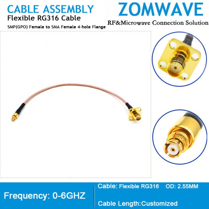SMP(GPO) Female to SMA Female 4-hole Flange, RG316 Cable, 6GHz
