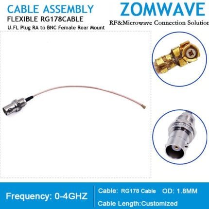 U.FL Plug Right Angle to BNC Female Rear Mount, RG178 Cable, 4GHz