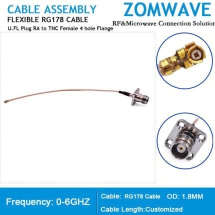 U.FL Plug Right Angle to TNC Female 4 hole Flange, RG178 Cable, 6GHz