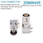 BNC Female Right Angle Thru Hole PCB Connector, .260 inch x .067 inch Hole, 4GHz