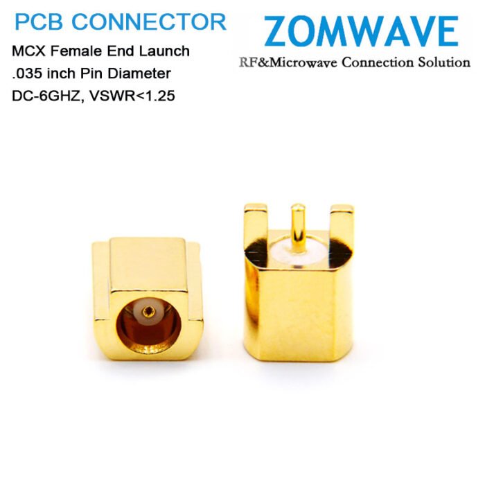 MCX Female End Launch PCB Connector, .035 inch Pin Diameter, 6G