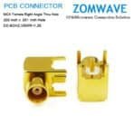 MCX Female Right Angle Thru Hole PCB Connector, .200 inch x .051 inch Hole, 6GHz