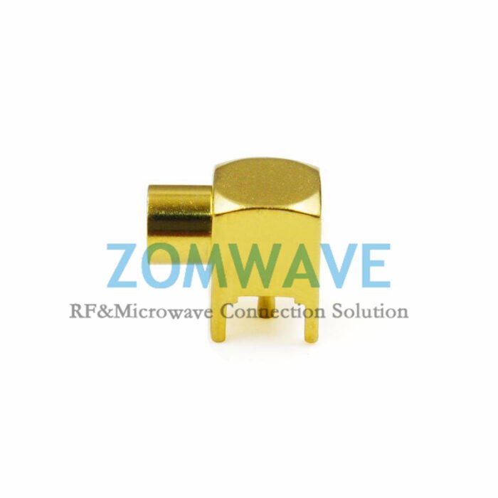 MCX Female Right Angle Thru Hole PCB Connector, .200 inch x .051 inch Hole, 6GHz