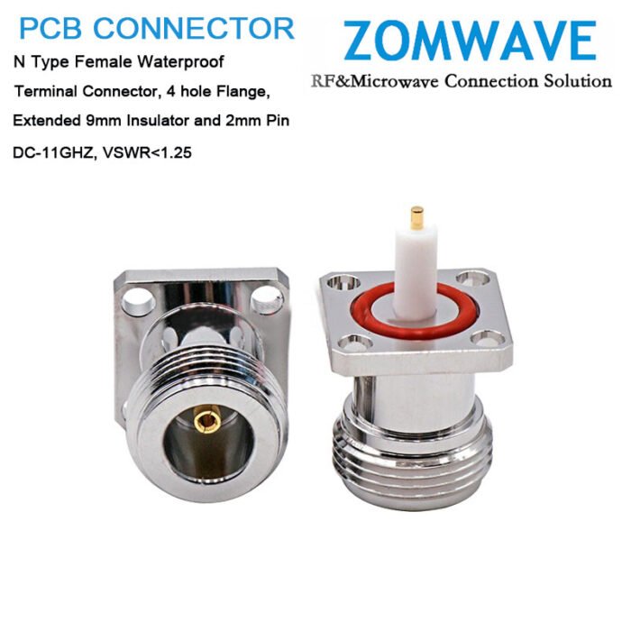 N Female Waterproof Terminal,4 hole Flange, 9mm Insulator and 2mm Pin, 11Ghz