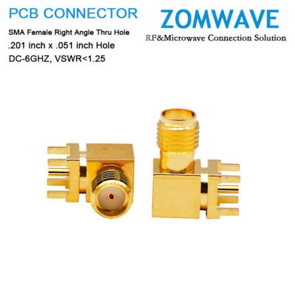 SMA Female Right Angle Thru Hole PCB Connector, .201 inch x .051 inch Hole, 6GHz