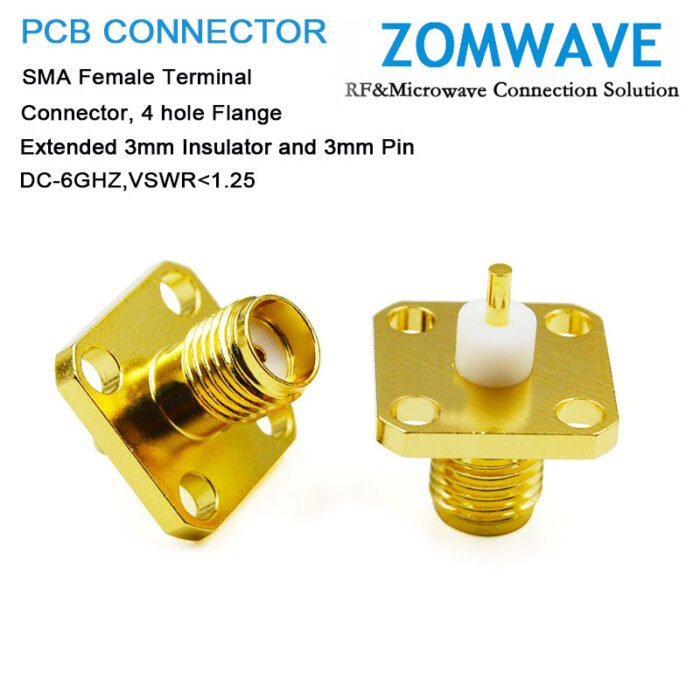 SMA Female Terminal Connector,4 hole Flange,Extended 3mm Insulator and 3mm Pin,6
