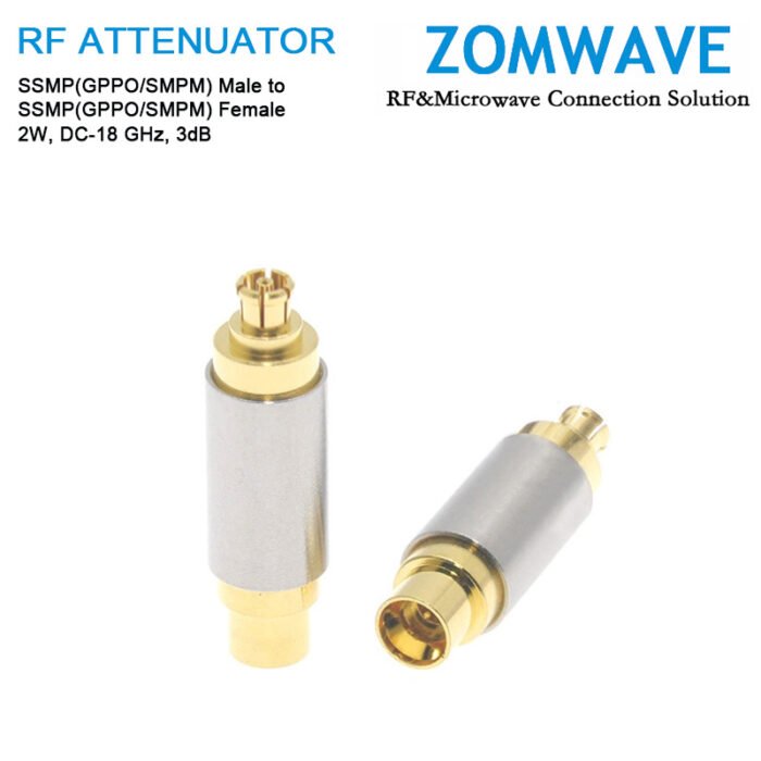 3dB Fixed Attenuator, SSMP(GPPO/SMPM) Male to SSMP(GPPO/SMPM) Female ,2Watts, DC-18 GHz, VSWR