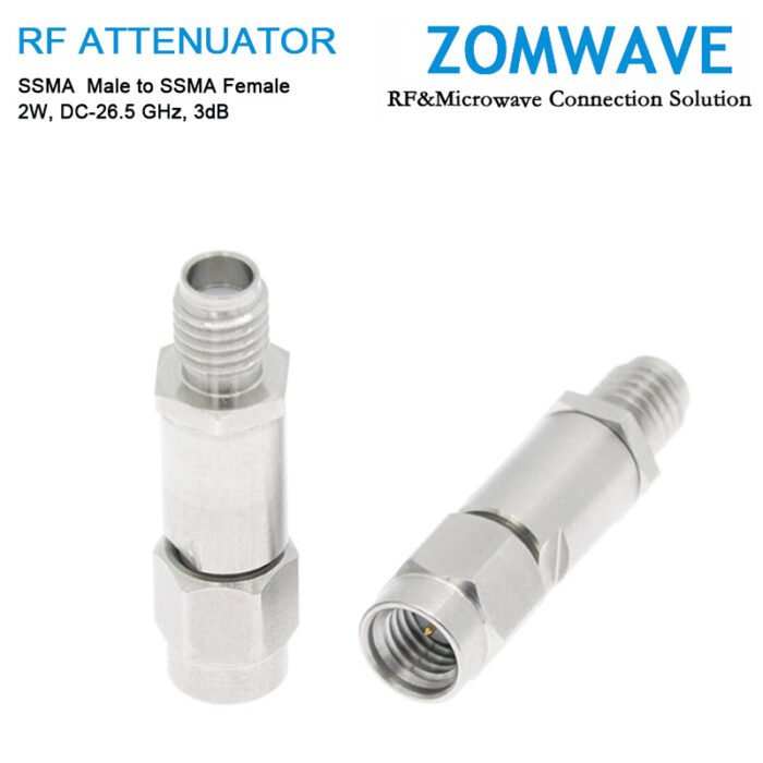3dB Fixed Attenuator, SSMA Male to SSMA Female, 2Watts, DC-26.5 GHz, VSWR