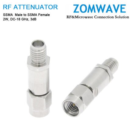 3dB Fixed Attenuator, SSMA Male to SSMA Female, 2Watts, DC-18 GHz, VSWR