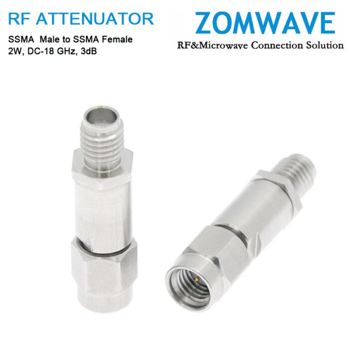 3dB Fixed Attenuator, SSMA Male to SSMA Female, 2Watts, DC-18 GHz, VSWR