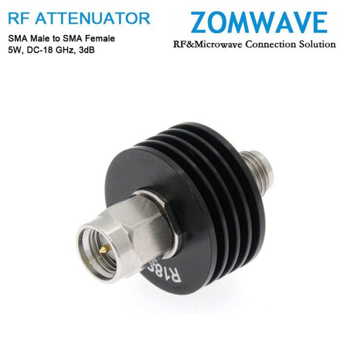 3dB Fixed Attenuator, SMA Male to SMA Female, 5Watts, DC-18 GHz, VSWR