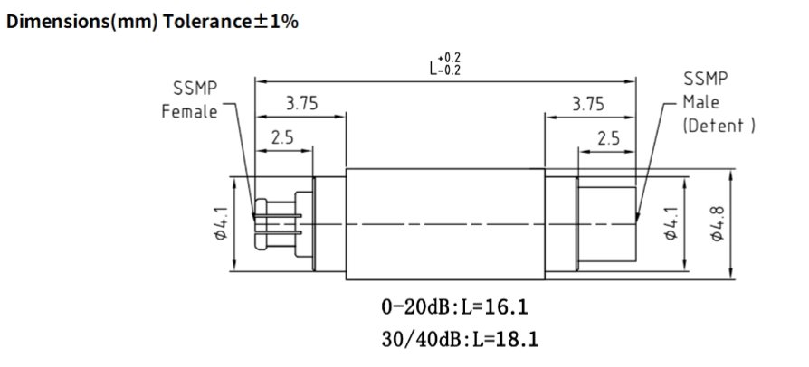 3dB Fixed Attenuator, SSMP(GPPO/SMPM) Male to SSMP(GPPO/SMPM) Female ,2Watts, DC-26.5 GHz, VSWR