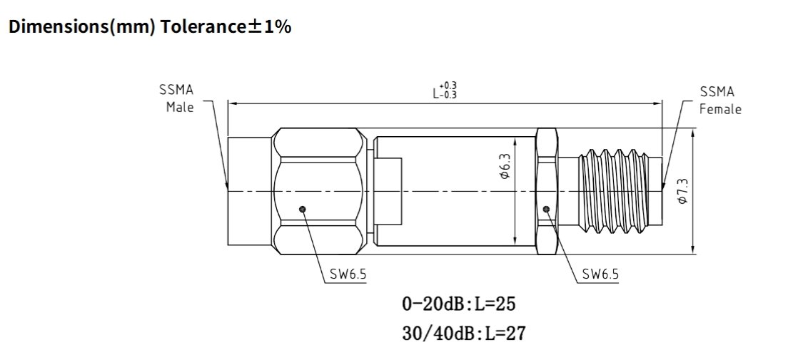 3dB Fixed Attenuator, SSMA Male to SSMA Female, 2Watts, DC-40 GHz, VSWR