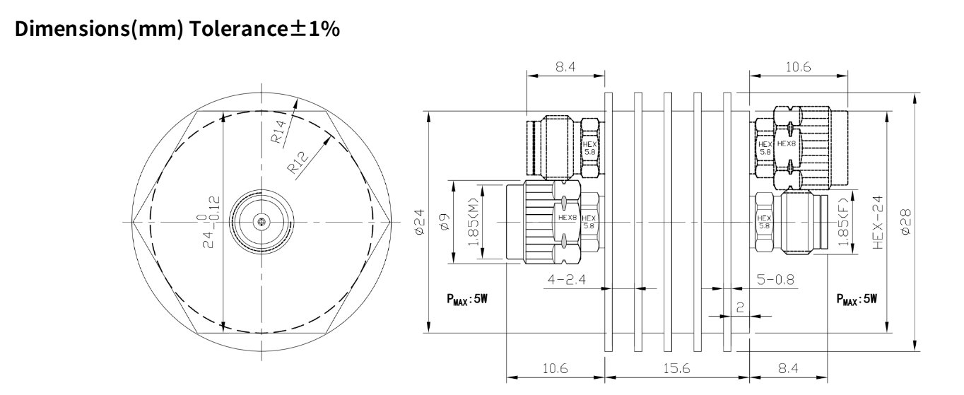 3dB Fixed Attenuator, 1.85mm Male to 1.85mm Female ,5Watts, DC-67 GHz, VSWR