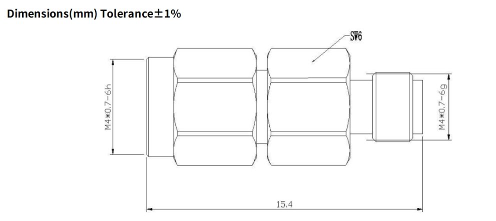 Configuration Connector Series 1 1.0mm Connector Gender 1 Male Connector Series 2 1.0mm Connector Gender 2 Male Body Materials and Plating Stainless Steel with Passivated Heat Sink N/A Direction Bidirectional Electric Specifications Impedance 50ohm Frequency Range(From DC) 110GHz VSWR ≤1.6:1 Attenuation 3dB Attenuation Accuracy +2.0/-1.0dB Input Power, CW 1W@25°C Mechanical Characteristics Mating Cycles ≥ 500 cycles ? Mating Torque 5~7 in - lbs Environmental Characteristics (RoHS Complliant) Temperature Rating -55°C~+125°C Corrosion (Salt Spray) MIL-STD-202, Method 101, Condition B Vibration MIL-STD-202, Method 204, Condition D, 20 Gs Shock MIL-STD-202, Method 213, Condition I, 100 Gs Thermal Shock MIL-STD-202, Method 107. Cond. B, -40°C to +85°C Moisture Resistance MIL-STD-202, Method 106, Less Step 7B Barometric Pressure (Altitude) MIL-STD-202, Method 105, Condition C, 70k Ft. Shock MIL-STD-202, Method 213, Condition I, 100 Gs Thermal Shock MIL-STD-202, Method 107. Cond. B, -40°C to +85°C Moisture Resistance MIL-STD-202, Method 106, Less Step 7B 3dB Fixed Attenuator, 1.0mm Male to 1.0mm Female ,1Watts, DC-110 GHz, VSWR