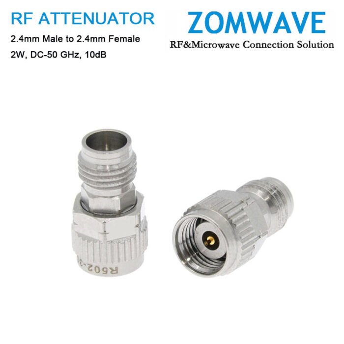 10dB Fixed Attenuator, 2.4mm Male to 2.4mm Female ,2Watts, DC-50 GHz, VSWR