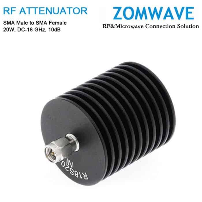 10dB Fixed Attenuator, SMA Male to SMA Female, 20Watts, DC-18 GHz, VSWR