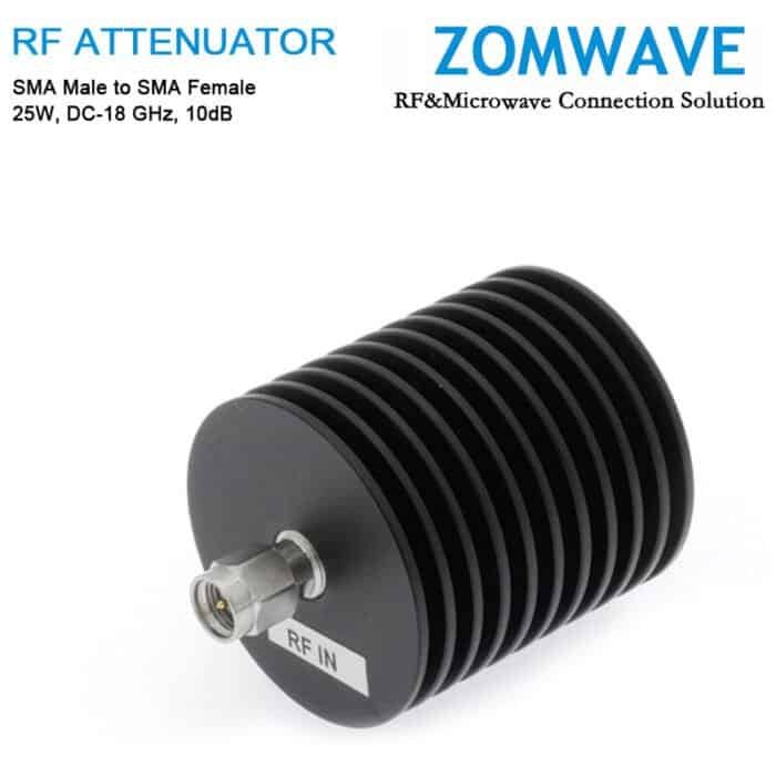 10dB Fixed Attenuator, SMA Male to SMA Female, 25Watts, DC-18 GHz, VSWR