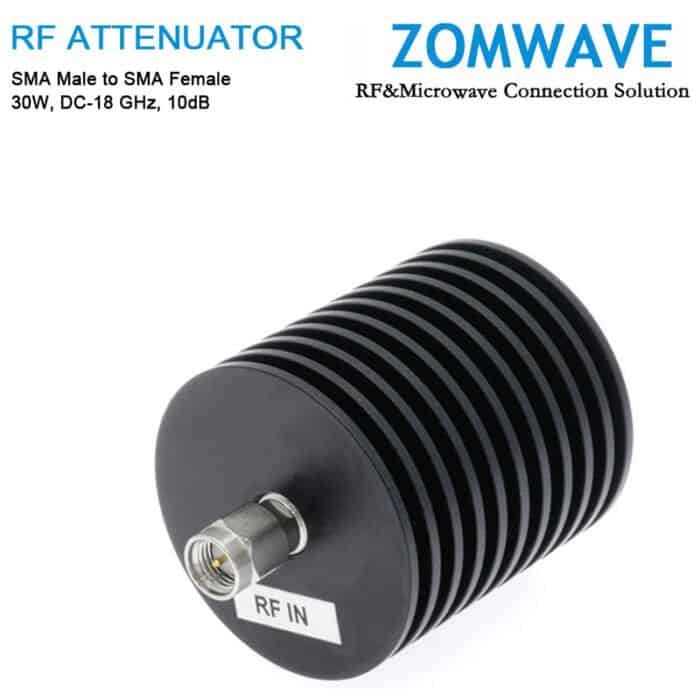 10dB Fixed Attenuator, SMA Male to SMA Female, 30Watts, DC-18 GHz, VSWR