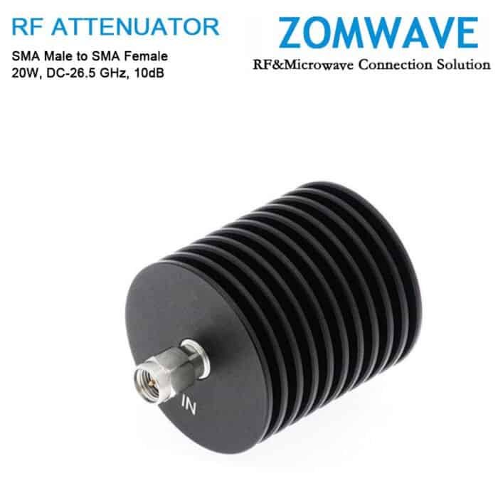 10dB Fixed Attenuator, SMA Male to SMA Female, 20Watts, DC-26.5GHz, VSWR