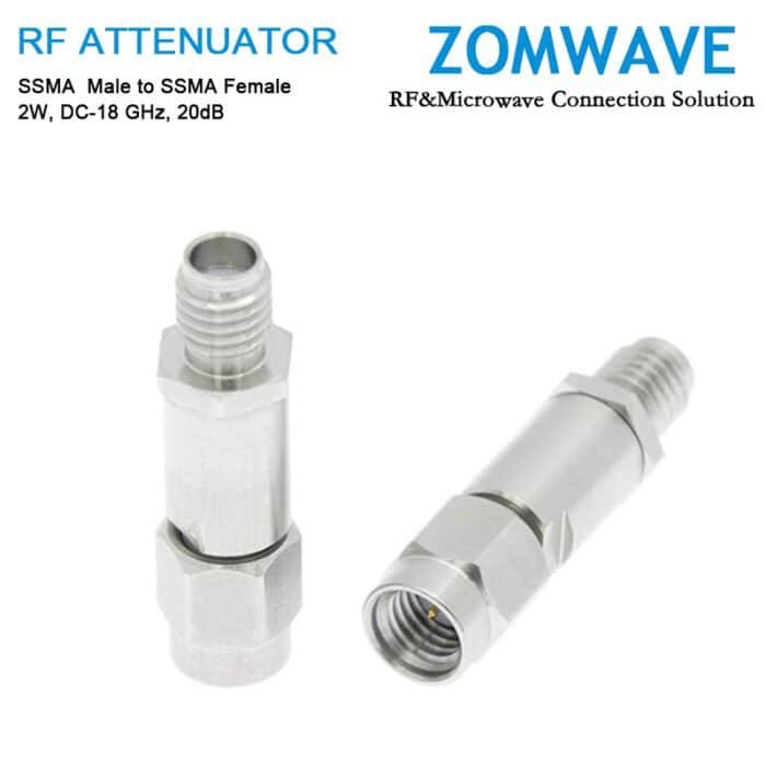 20dB Fixed Attenuator, SSMA Male to SSMA Female, 2Watts, DC-18 GHz, VSWR