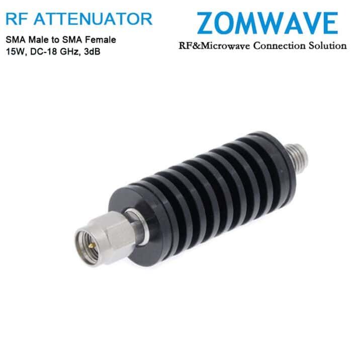3dB Fixed Attenuator, SMA Male to SMA Female, 15Watts, DC-18 GHz, VSWR
